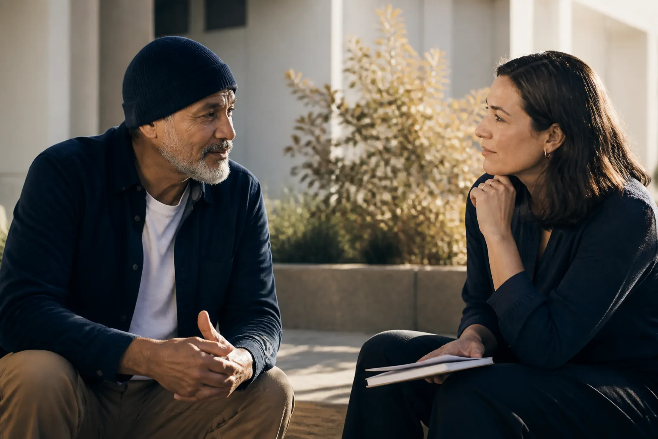 Two adults listening to each other in a calm, sunlit setting