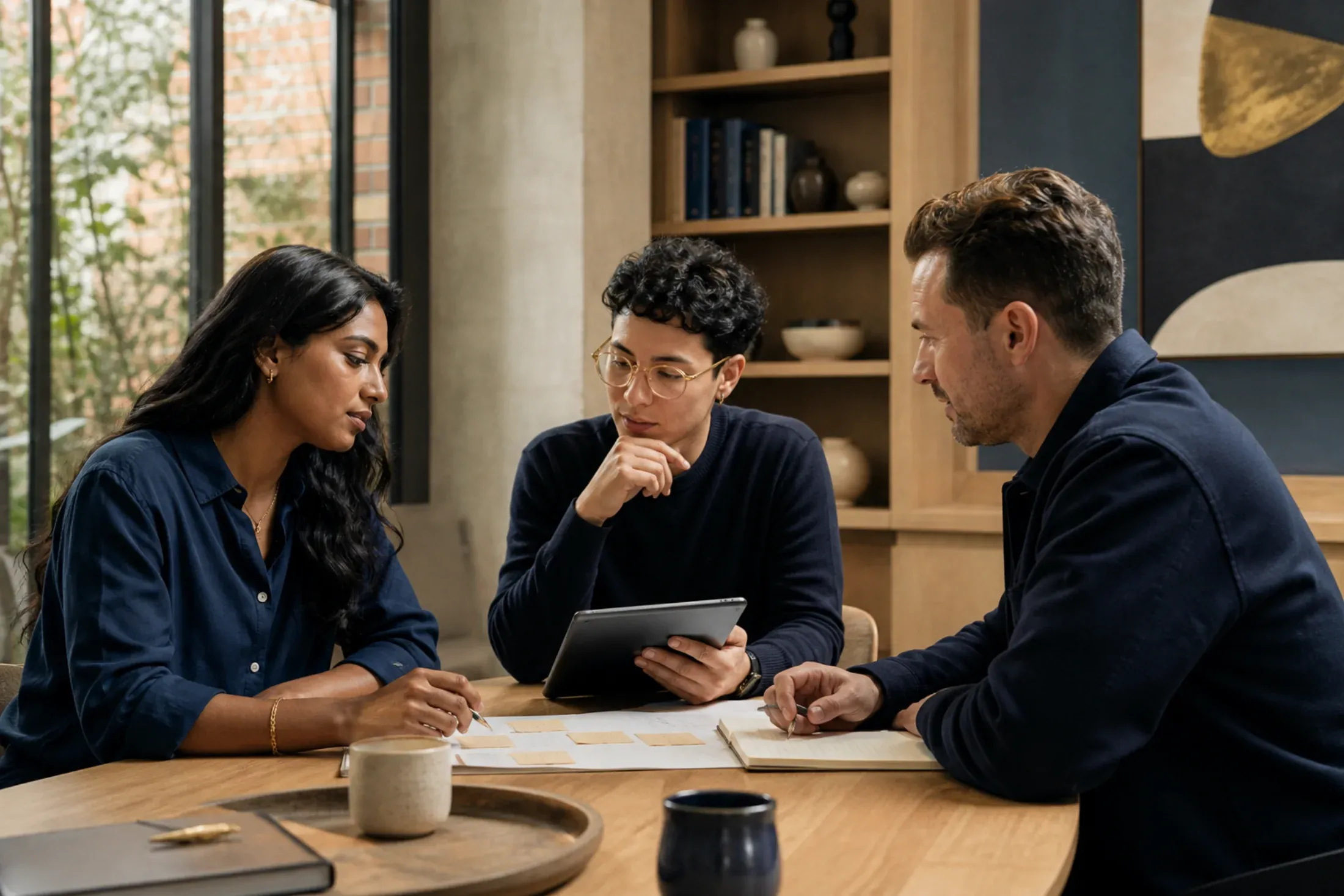 Three adults reviewing notes together around a table in a sunlit room.