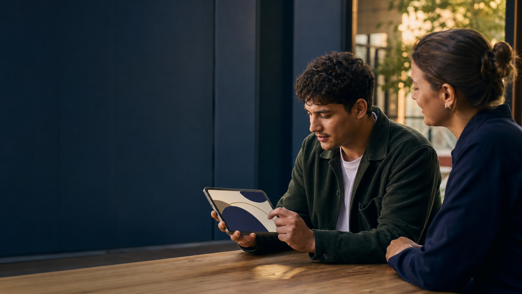 A person using Lux on a tablet with a trusted supporter nearby